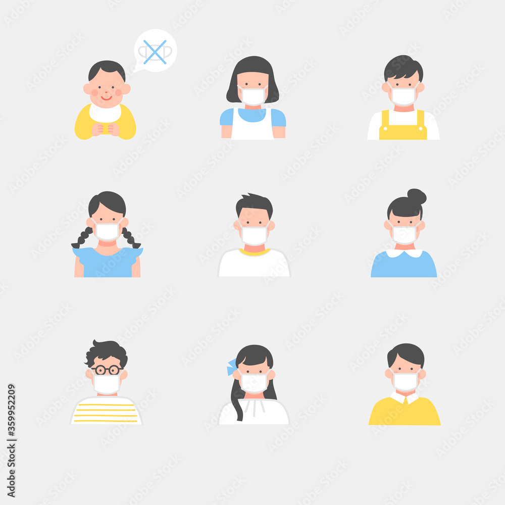 マスクを着ける子どものアイコン イラスト素材セット マスクを着ける子どものアイコン イラスト素材セット