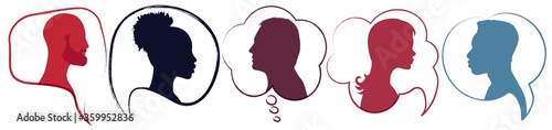 Speech bubble.Diversity people.Silhouette heads people in profile.Talking dialogue and inform.Communicate between a group of multiethnic and multicultural people who talk and share ideas