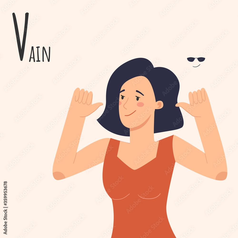 Alphabet Emotions concept. Female character vain and arrogant. Letter V - Vain. Vector cartoon illustration Alphabet Emotions concept. Female character vain and arrogant. Letter V - Vain. Vector cartoon illustration