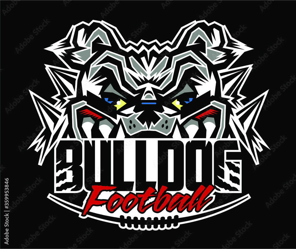 bulldog football team design with mascot head and laces for school, college or league