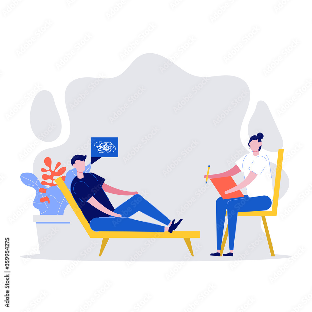 Fototapeta premium Young man consulting to psychologist professional. Man lay with mind problem, psychiatrist writing notes. Modern flat style illustration for counseling, psychology, psychological help concept