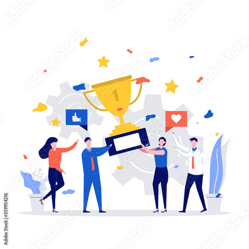 Successful business team concept. Happy business people holding prize winner cup and celebrating achievement. Modern flat style illustration for teamwork and award concept