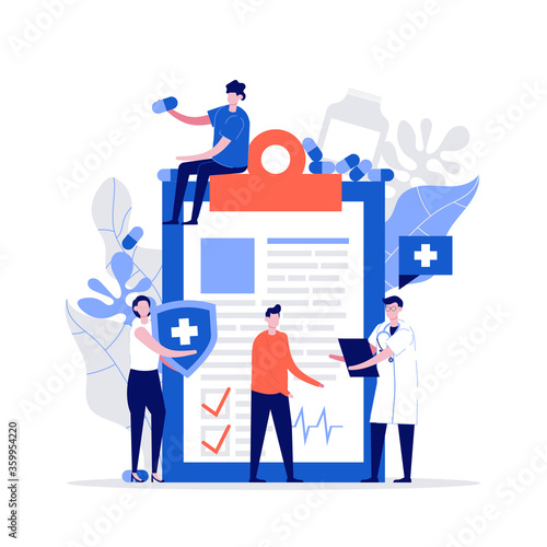 People with doctor advertising health insurance. Insurance broker offer coverage of life. Modern flat style illustration for healthcare, medical service, protection and security concept.
