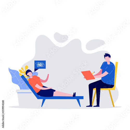 Young woman consulting to psychologist professional. Woman lay with mind problem, psychiatrist writing notes. Modern flat style illustration for counseling, psychology, psychological help concept