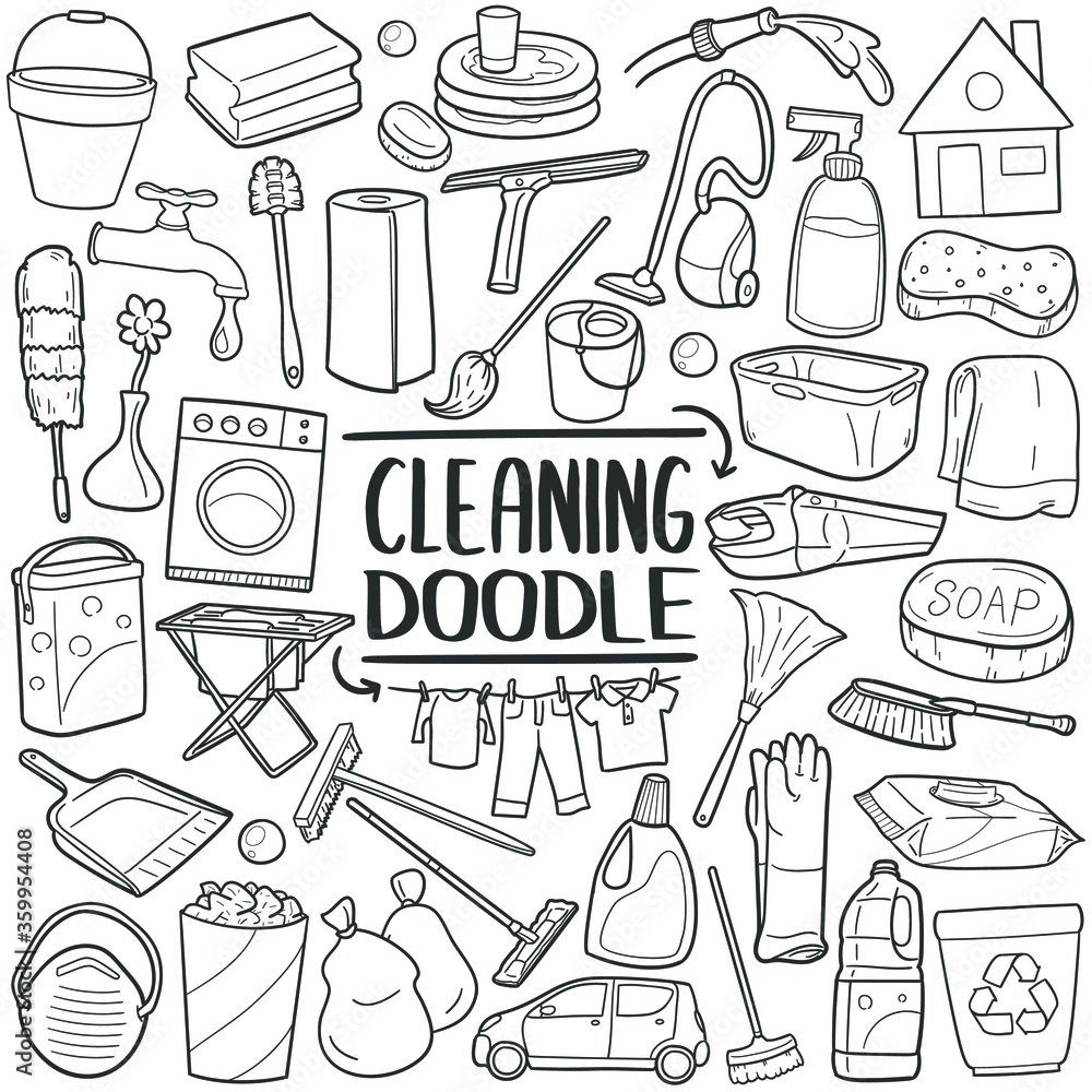 Cleaning Home doodle icon set. Cleanup House Tools Vector illustration collection. Hand drawn Line art style. Cleaning Home doodle icon set. Cleanup House Tools Vector illustration collection. Hand drawn Line art style.