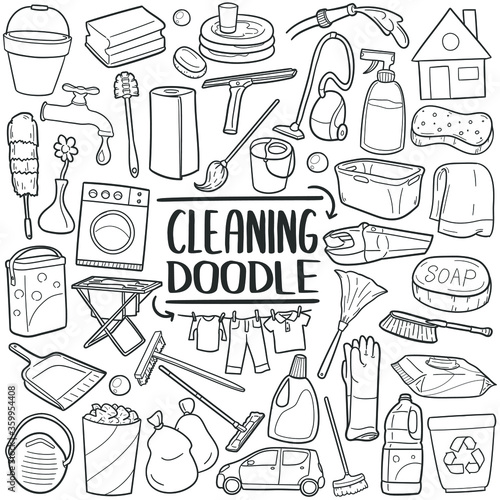 Cleaning Home doodle icon set. Cleanup House Tools Vector illustration collection. Hand drawn Line art style.