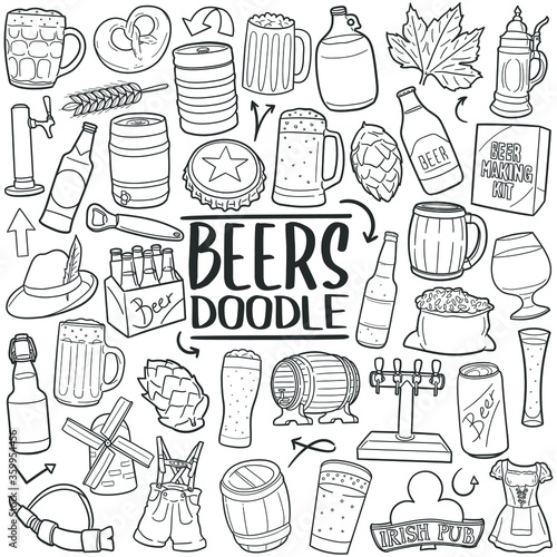 Beers doodle icon set. Craft Tools Vector illustration collection. Bottle and barrel Hand drawn Line art style.