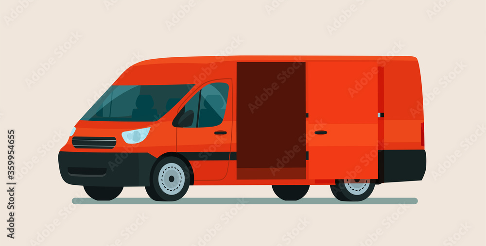 Empty cargo van car with open cargo door. Vector flat style illustration. Empty cargo van car with open cargo door. Vector flat style illustration.