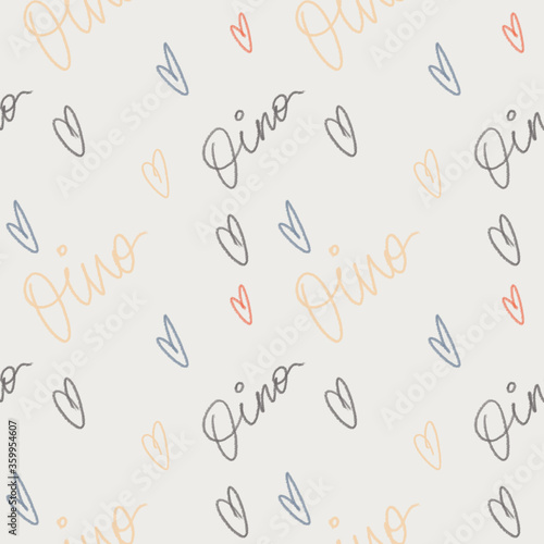 Seamless pattern on gray background with pencil hearts and word Dino