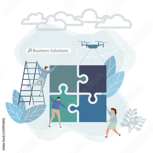 Business flat concept. Team puzzle metaphor. People connecting puzzle elements. Flat illustration flat design simple style. Symbol different races teamwork, heterosexual cooperation, partnership