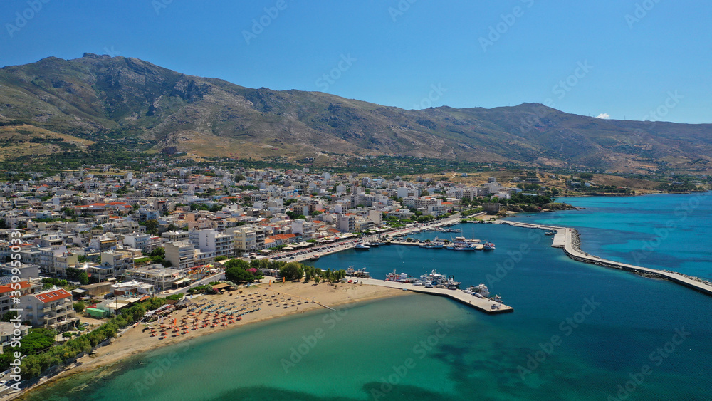 Aerial drone photo of famous seaside town and port of Karistos in South Evia island, Greece