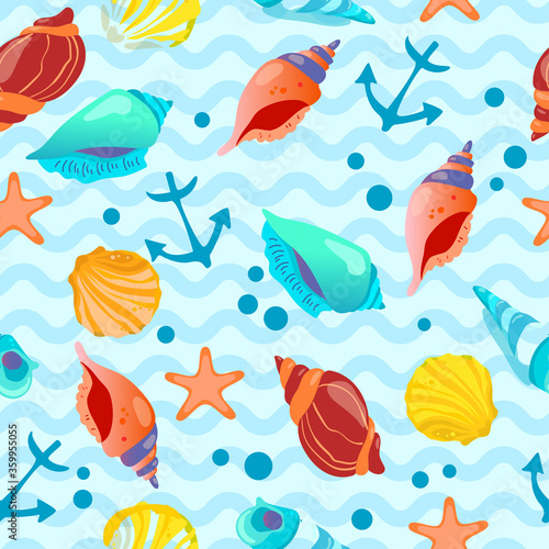 Seamless pattern with seashells  anchor and bubbles on wavy background