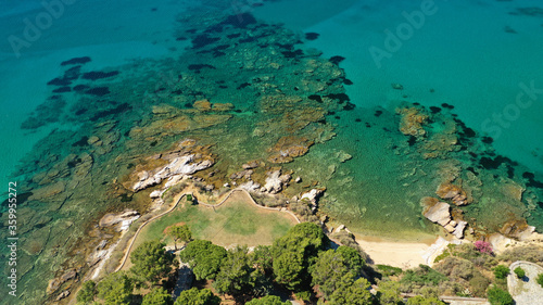 Fototapeta Naklejka Na Ścianę i Meble -  Aerial drone photo of tropical Caribbean bay with white sand beach and beautiful turquoise and sapphire clear sea