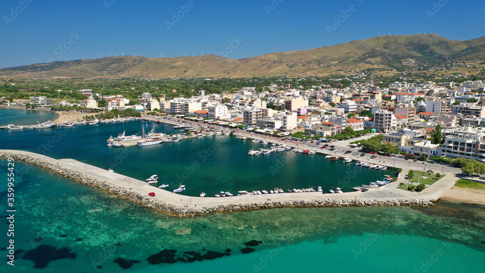 Aerial drone photo of famous seaside town and port of Karistos in South Evia island, Greece