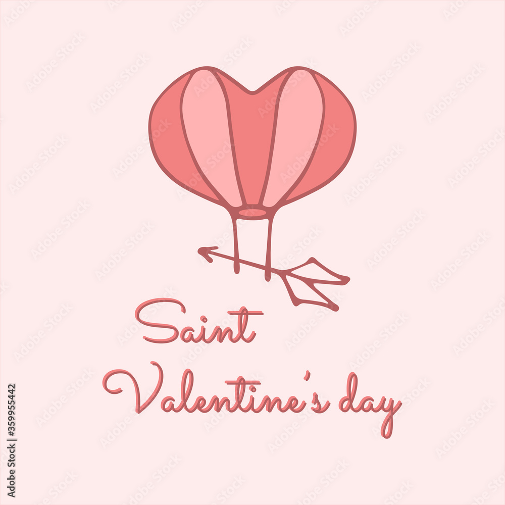 card for Valentine's Day with a heart in the form of balloon, Feb 14th logo heart ,love logotype.light, airy, floating balloon boom.Valentine's Day, romantic love postal, card, postcard, hand drawn,14