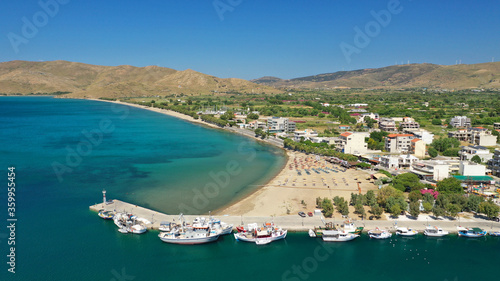 Aerial drone photo of famous seaside town and port of Karistos in South Evia island, Greece