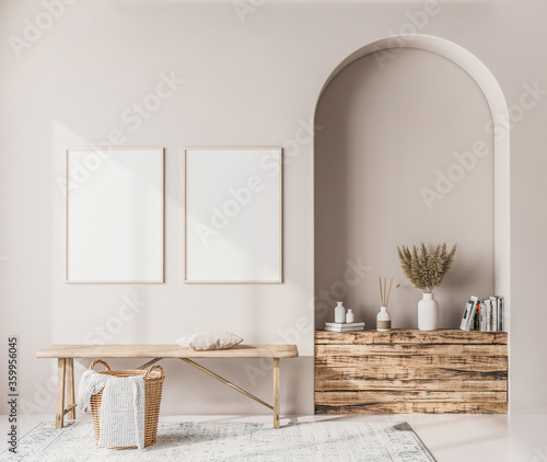 Interior poster mock up with vertical wooden frames, wooden bench, rattan basket and stylish home accessories on white wall background. Scandinavian style 3D render