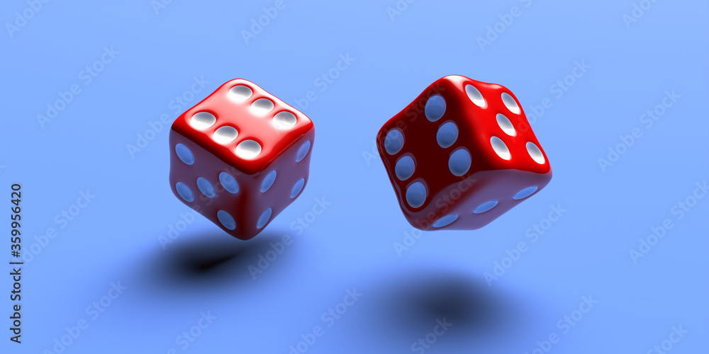 Dice red flying over blue color background, 3d illustration Stock