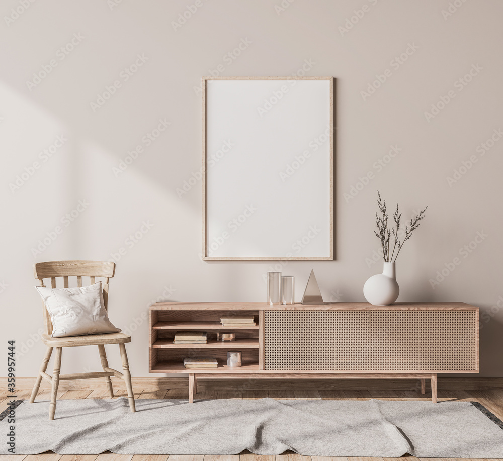 Scandinavian interior design of living room with rattan console, wooden  chair, mock up poster frame, pampas in vase and trendy home accessories.  Minimal home decor. Stock イラスト | Adobe Stock