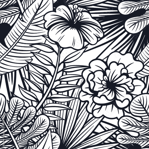Vector Black and White Botanical Seamless Pattern