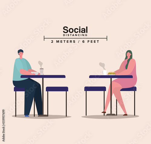 Social distancing between woman and man on tables with coffee mugs design of Covid 19 virus theme Vector illustration
