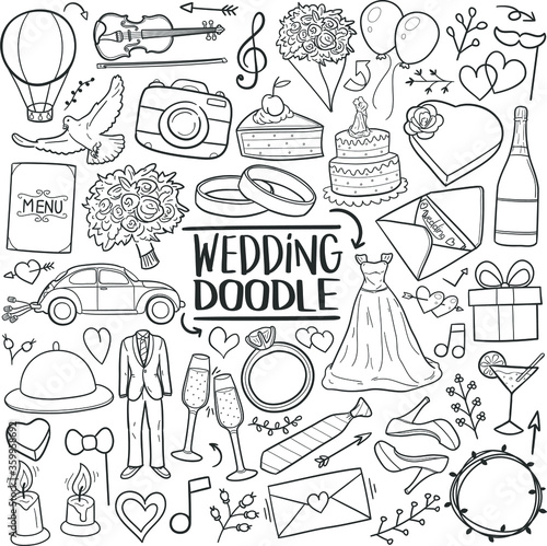 Wedding Just Married Traditional Doodle Icons Sketch Hand Made Design Vector