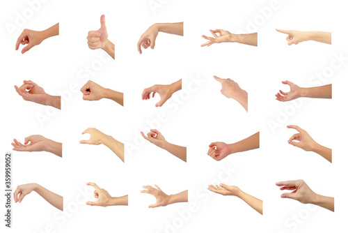 right hand collection multiple of Asian in gestures show are symbol isolated on white background