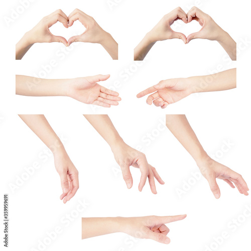 multiple collection hand of woman in gesture isolated on white background