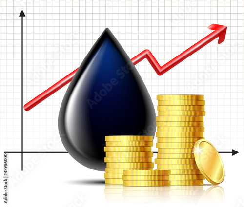 Oil barrel price rises chart and Black drop of oil with stack of gold coins.