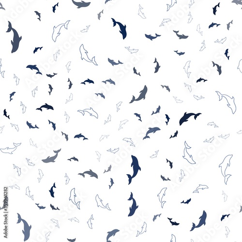 Dark BLUE vector seamless pattern with sea dolphins. Isolated sea dolphins on white background. Natural design for wallpapers.