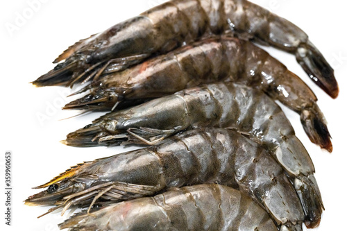 isolated large tiger prawns on a white background close-up. Fresh frozen seafood.
