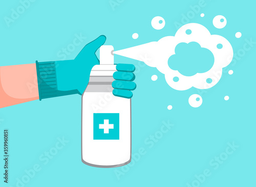 Disinfection concept vector for app, web, landing page. Human in gloves holding bottle of antiseptic spray. Hand sanitizer bottle, antiseptic gel is shown. Distinctive liquid for PPE.