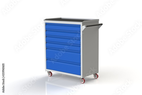 Metal tool cabinet on wheels with drawers. A convenient place for storing tools and spare parts. Metal furniture.  3D-model rendering of the table for shooting from above.