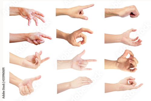 close up multiple hand in gestures of man and woman with old woman isolated on white background