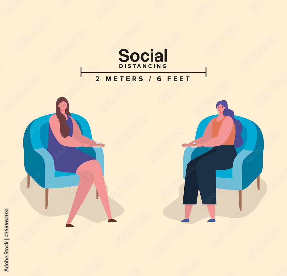Social distancing between women on chairs design of Covid 19 virus theme Vector illustration