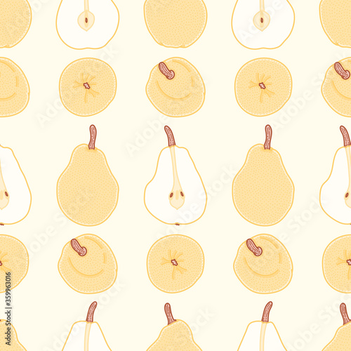 Cute pears seamless vector pattern. Doodle fresh fruits illustration background.
