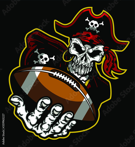 pirate football skull mascot holding ball for school, college or league