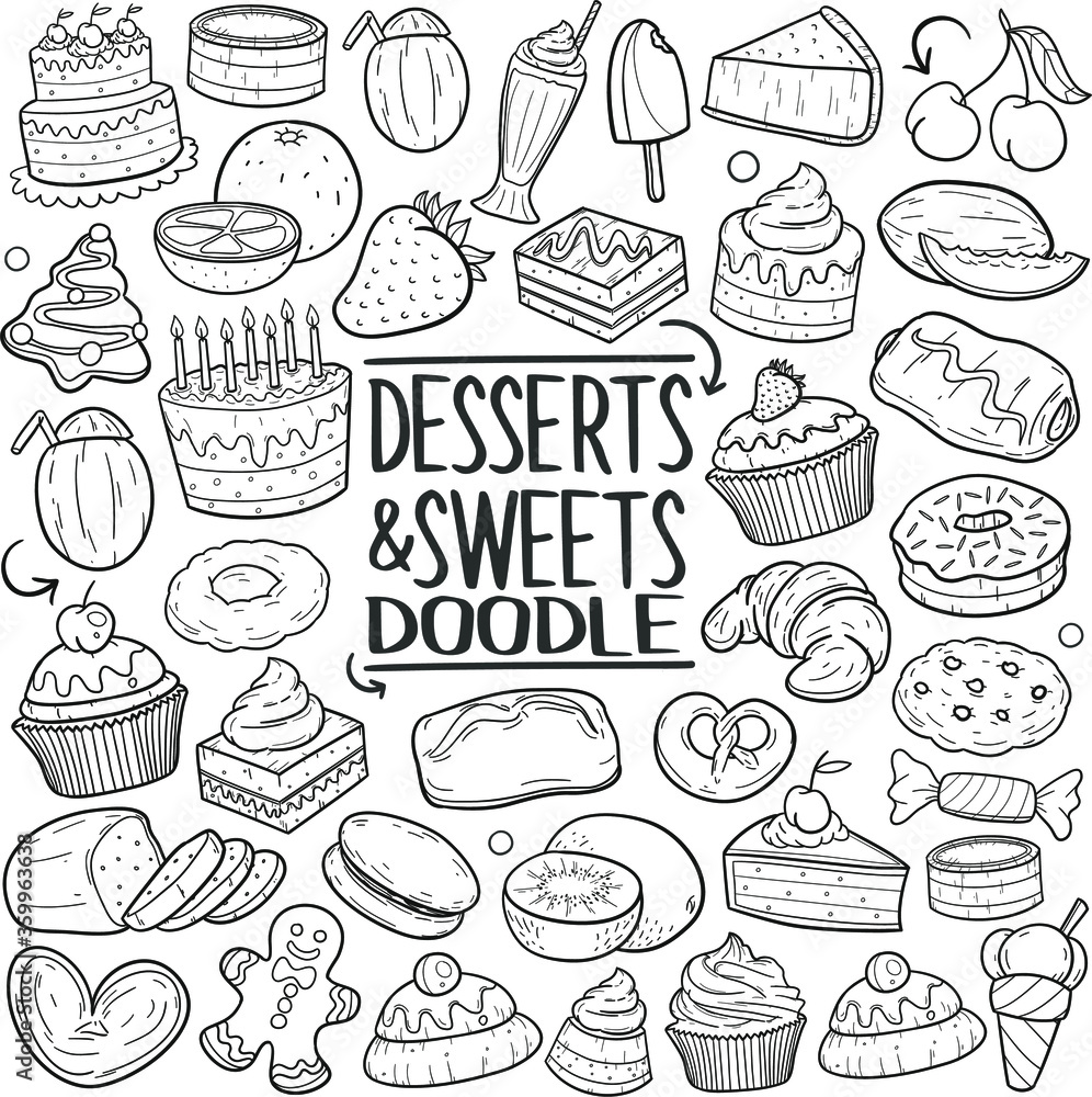 Dessert & Sweets Food Doodle Icons Hand Made