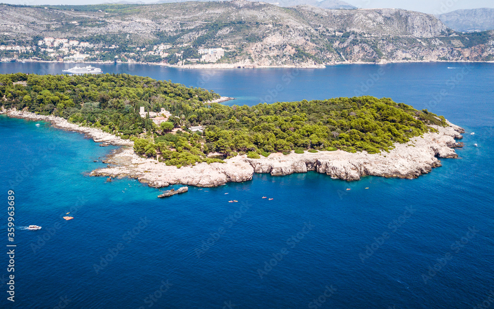 Aerial view of Lokrum Island, a popular tourist destination outside King's Landing, Old Town Dubrovnik, Croatia