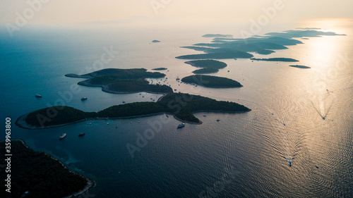 Aerial view of Pakleni Islands, a popular island hopping and boating destination in Hvar, Croatia © Jeff