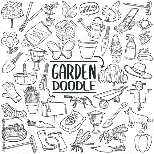 Garden tools and animals doodle set. Outline vector Illustration, gardening and horticulture. Home Agriculture equipment.