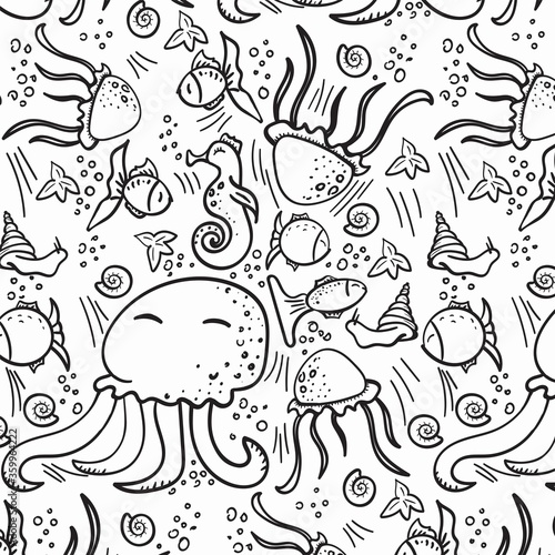 Underwater world illustration. Sea life. Seamless pattern on a white background. Vector under the sea, seahorse, octopus, fish, jellyfish