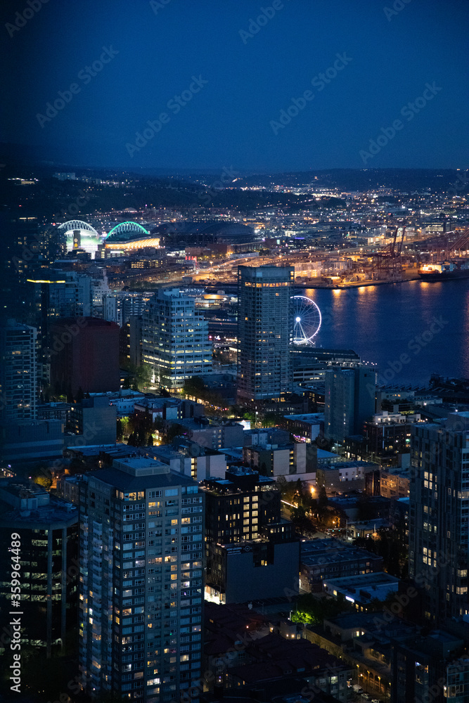City Lights and Downtown Seattle skyline cityscape as seen at night ...
