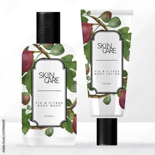 Vector Retro Style or Vintage Common Fig & Citrus Skin Care Tube & Bottle Toiletries Packaging Set.