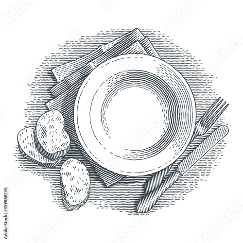 Plate. Serving. Hand drawn engraving style illustrations.