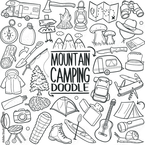 Mountain Camping Doodle Icons Sketch Hand Made. Coloring doodle Logos.