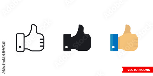 Thumb up, Like icon of 3 types. Isolated vector sign symbol.