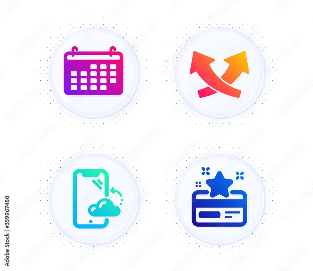 Smartphone cloud, Calendar and Intersection arrows icons simple set. Button with halftone dots. Loyalty card sign. Phone backup, Business audit, Exchange. Bonus points. Business set. Vector Smartphone cloud, Calendar and Intersection arrows icons simple set. Button with halftone dots. Loyalty card sign. Phone backup, Business audit, Exchange. Bonus points. Business set. Vector