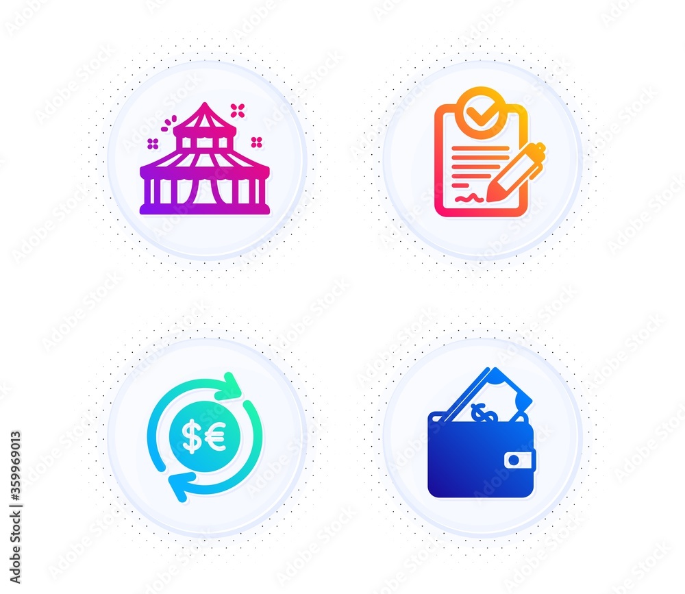 Money currency, Rfp and Circus icons simple set. Button with halftone dots. Wallet sign. Cash change, Request for proposal, Attraction park. Usd cash. Business set. Vector Money currency, Rfp and Circus icons simple set. Button with halftone dots. Wallet sign. Cash change, Request for proposal, Attraction park. Usd cash. Business set. Vector