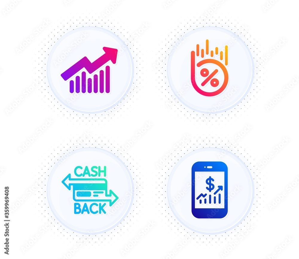Cashback card, Loan percent and Demand curve icons simple set. Button with halftone dots. Mobile finance sign. Money payment, Discount, Statistical report. Phone accounting. Finance set. Vector Cashback card, Loan percent and Demand curve icons simple set. Button with halftone dots. Mobile finance sign. Money payment, Discount, Statistical report. Phone accounting. Finance set. Vector